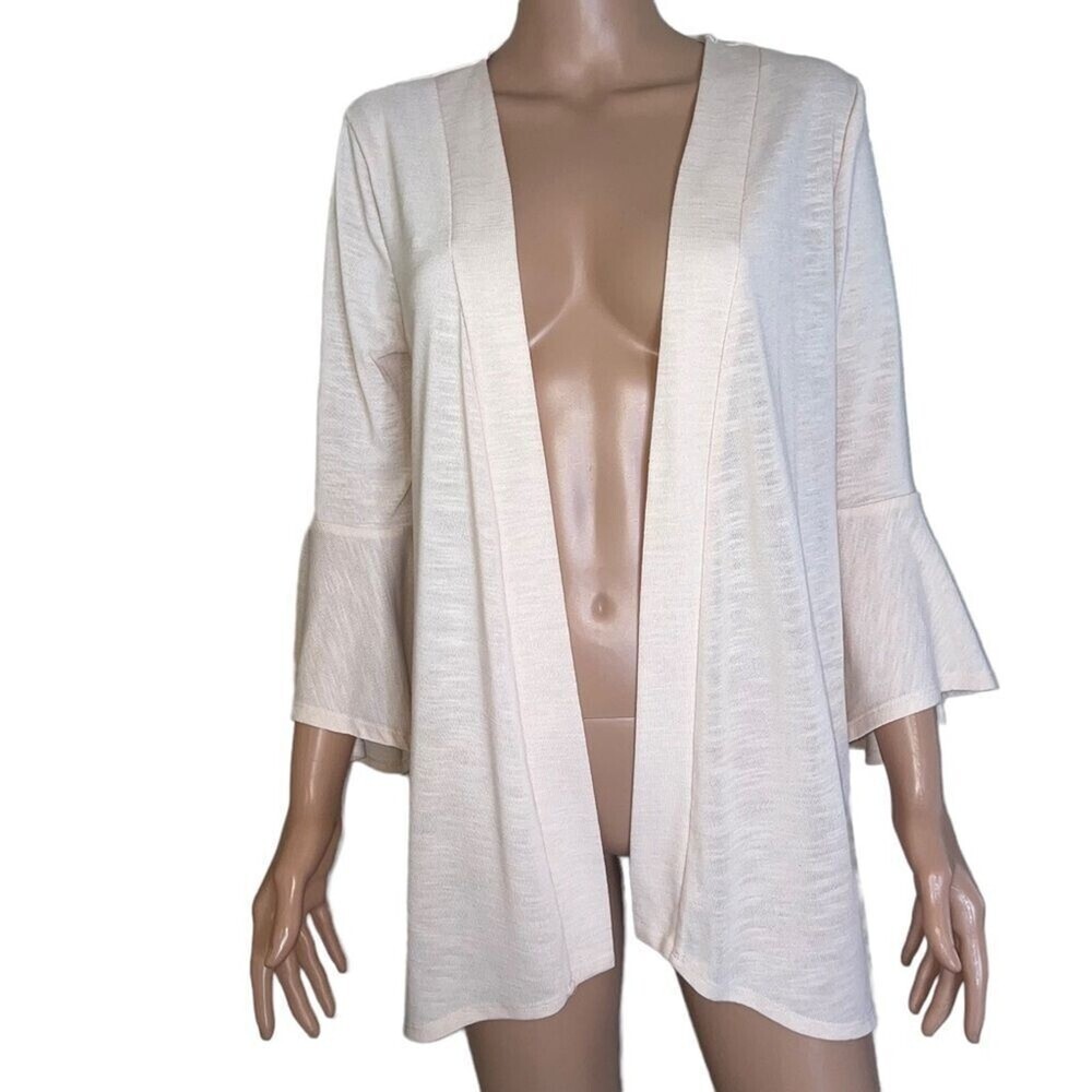 LC Lauren Conrad cream peach open front lightweight trumpet sleeve cardigan SZ M - Picture 2 of 9